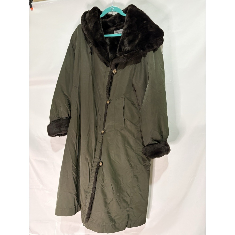 Frenchcoat Paris Womens Faux Fur Lined Trench Coat Olive Green Size Large